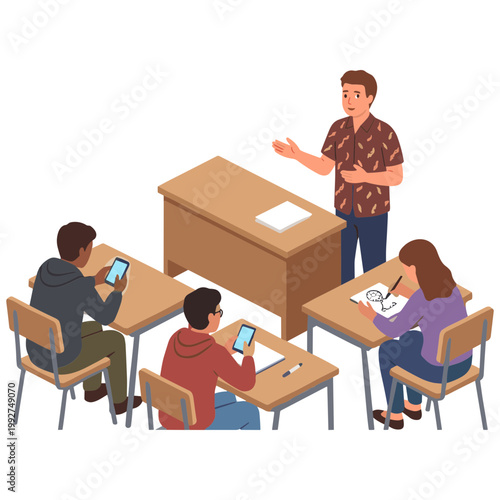 A teacher stands explaining to students sitting at desks with tablets in a classroom setting.