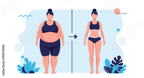 Comparative illustration of a woman before and after weight loss journey highlighting body transformation through fitness and healthy lifestyle choices.