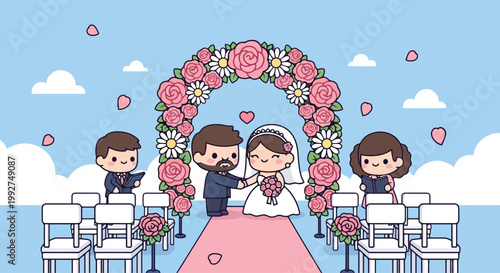 Wedding couple under arch ceremony portrait.