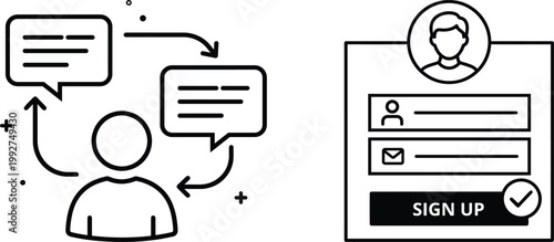 Set of user communication dialogue and account registration form icons. User onboarding icon vector. User feedback dialogue flow and a modern account sign up form interface. Website account creation.