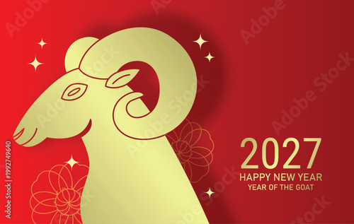 Golden shape of zodiac goat banner template. Year of the Goat 2027 horizontal greetings card template in a paper cut style.