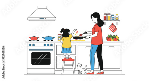 Happy mother and daughter cooking together in a modern kitchen while a white pet cat watches them from the floor near the cabinets.