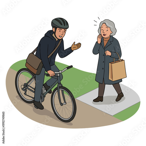 Man on bicycle talks to surprised woman on sidewalk path