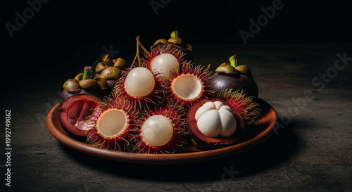 A still life composition of vibrant red rambutans and deep purple mangosteens, some peeled, on a rustic plate against a dark background.