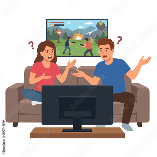 Couple sitting on a couch watching a violent video game on TV with confusion