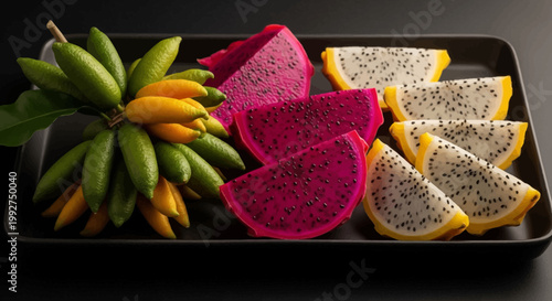 A black tray filled with an assortment of exotic fruits including red and yellow dragon fruit slices and small green and yellow fruits.