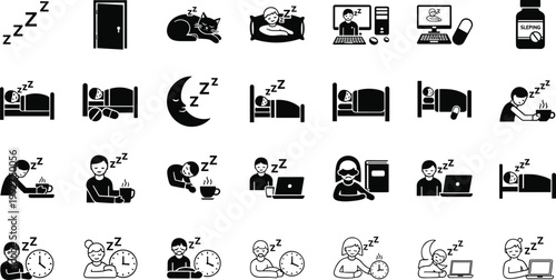 Sleep routine icons set bedtime insomnia lifestyle activities symbols vector illustration collection modern design elements