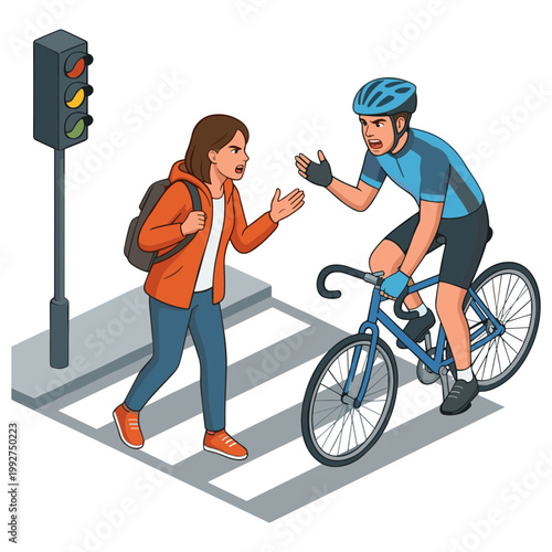 Cyclist and pedestrian interact at crosswalk near traffic light