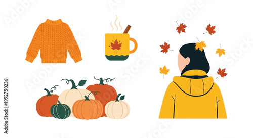 Autumn season lifestyle illustration featuring cozy sweater and pumpkin harvest elements on a transparent background for fall marketing
