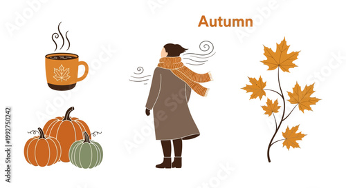 Autumn season lifestyle illustration featuring warm beverage and colorful foliage cutout on transparent background for seasonal marketing