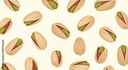 Seamless pattern of roasted pistachio nuts with cracked shells revealing green kernels scattered across a light cream background.