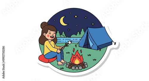 Camping lifestyle illustration of person relaxing by campfire under night sky with tent in forest setting