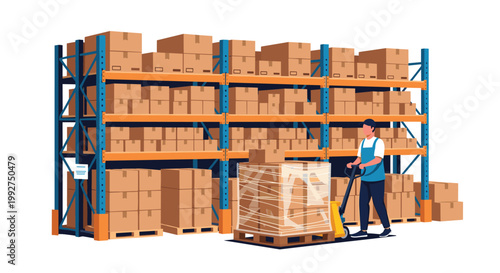 Warehouse worker using a manual pallet jack to move a large stack of boxes in a distribution center with high storage racks.