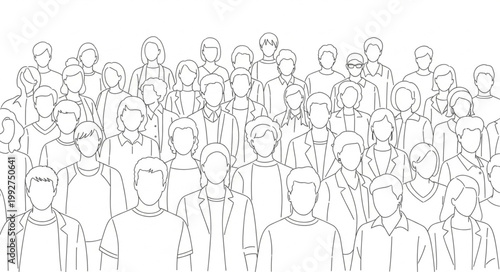 A large group of people drawn in a simple outline style.