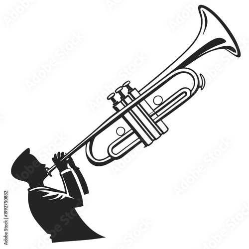 Black silhouette trumpet player, musical instrument icon, jazz music symbol, brass trumpet illustration