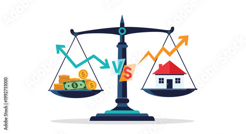 Balanced scales of justice comparing financial investment in money and coins against home ownership and real estate property values.