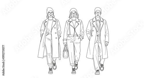 Fashion illustration of three models wearing stylish trench coats.