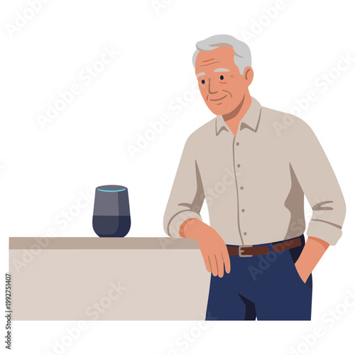 An elderly man stands beside a table with a smart speaker indoors.