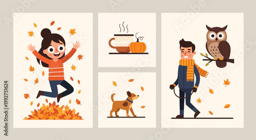 Cheerful child enjoying autumn leaves with cute owl companion representing happy lifestyle and digital marketing concepts