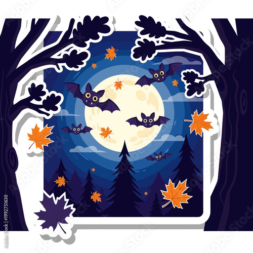 Cute bats flying in a night forest with a full moon and autumn leaves isolated on transparent background for a fun digital holiday party design