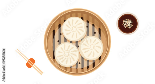 Traditional chinese dim sum featuring three white steamed buns inside a bamboo steamer basket accompanied by a small bowl of savory soy sauce.