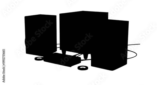 Fényképezés Modern black surround sound speaker system and subwoofer on white background