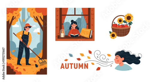 Flat design vector illustration of autumn harvest season lifestyle elements showing fall foliage and cozy indoor reading activities