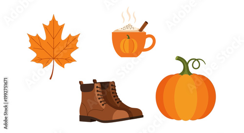 Flat design vector illustration of autumn harvest season elements including pumpkins leaves and boots for lifestyle marketing concept