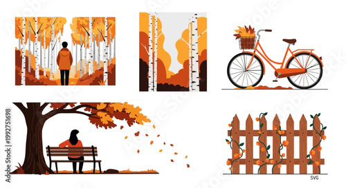 Flat design vector illustration of autumn park scene with people enjoying nature under warm sunlight for lifestyle marketing design