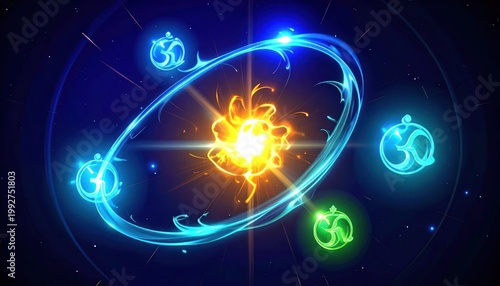 Abstract Cosmic Energy Orb with Glowing Particles and Swirling Nebula.