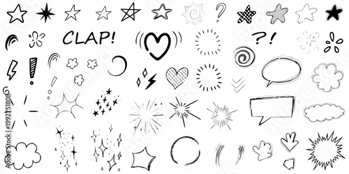 Collection of hand drawn doodles stars hearts and various graphic elements