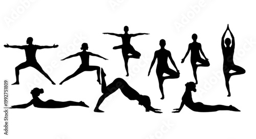 Diverse group of people performing various yoga poses silhouette