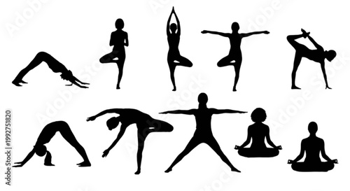 Silhouette Collection of Diverse Yoga Poses and Meditation