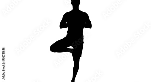 Silhouette of a man performing a tree pose, yoga, balance, wellness