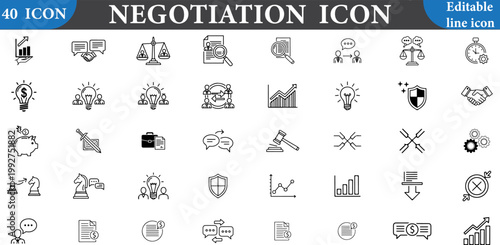 Set of 40 negotiation and business strategy line icons for professional use
