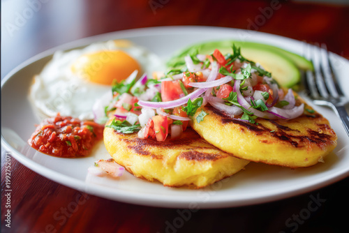 A plate of Ecuadorean llapingachos, golden pan-fried potato cakes topped with fresh red onion and tomato salsa, served with a fried egg, avocado slices, and tomato sauce.