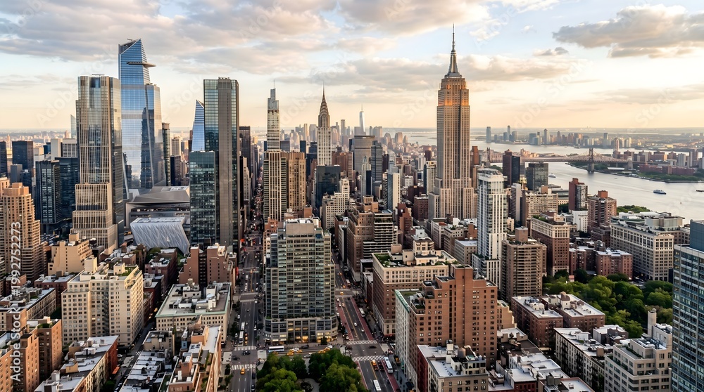 Fototapeta premium Aerial skyline view of New York City featuring the iconic Empire State Building and surrounding modern skyscrapers at sunset. Urban cityscape of Manhattan showing architecture, business district atmos