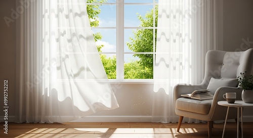 Soft sunlight streams through sheer curtains