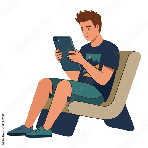 A man sits on a chair using a tablet indoors leisurely