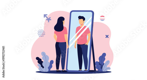 Conceptual illustration of a person looking into a mirror and seeing their true gender identity reflected, representing transgender pride.