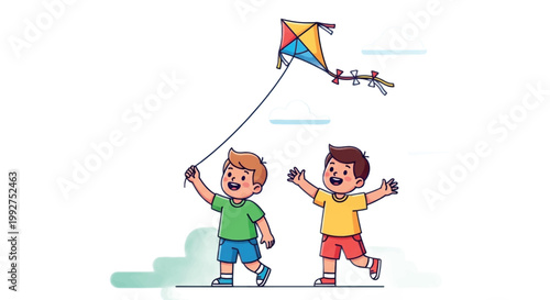 Happy children, kids flying kite, colorful illustration, playful scene