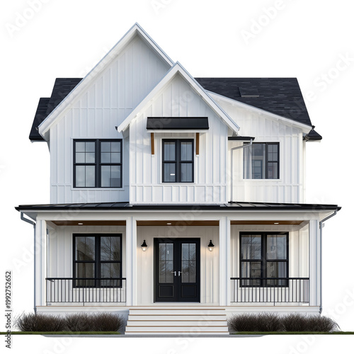 A modern white house with black trim and roof isolated on transparent background