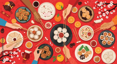 Large group of people sharing a variety of traditional chinese dishes at a festive banquet table with dumplings, noodles, and fruits.