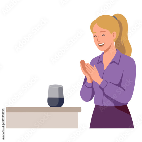 A woman claps beside a drink on a table indoors with a pleased expression.