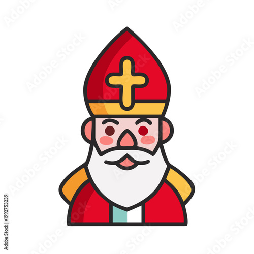 Saint Nicholas portrait smiling in red outfit flat illustration