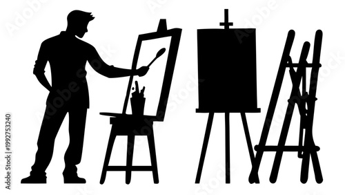 A silhouette of an artist actively painting on an easel with a brush, creating an artwork on a canvas, while additional empty easels stand nearby, symbolizing artistic creation and potential.