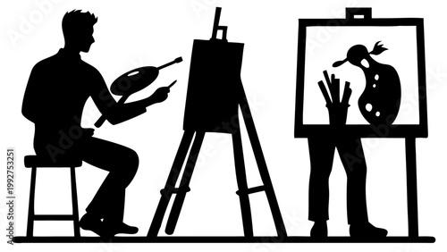 silhouette of artist with easel
