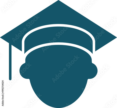 Graduation cap on human head silhouette representing academic achievement in flat vector style