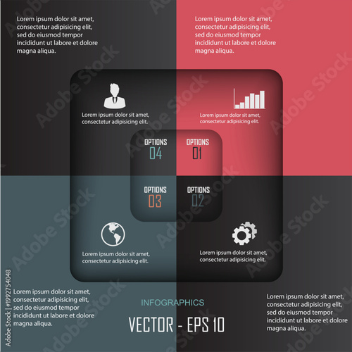 4-Quadrant Business Strategy Infographic. Professional Vector Template with Dark Mode Design, Frosted Glass Effect, and Four Strategic Options.