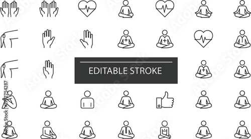 Yoga meditation line icons set mindfulness poses hands gestures wellness healthy lifestyle editable stroke vector collection
